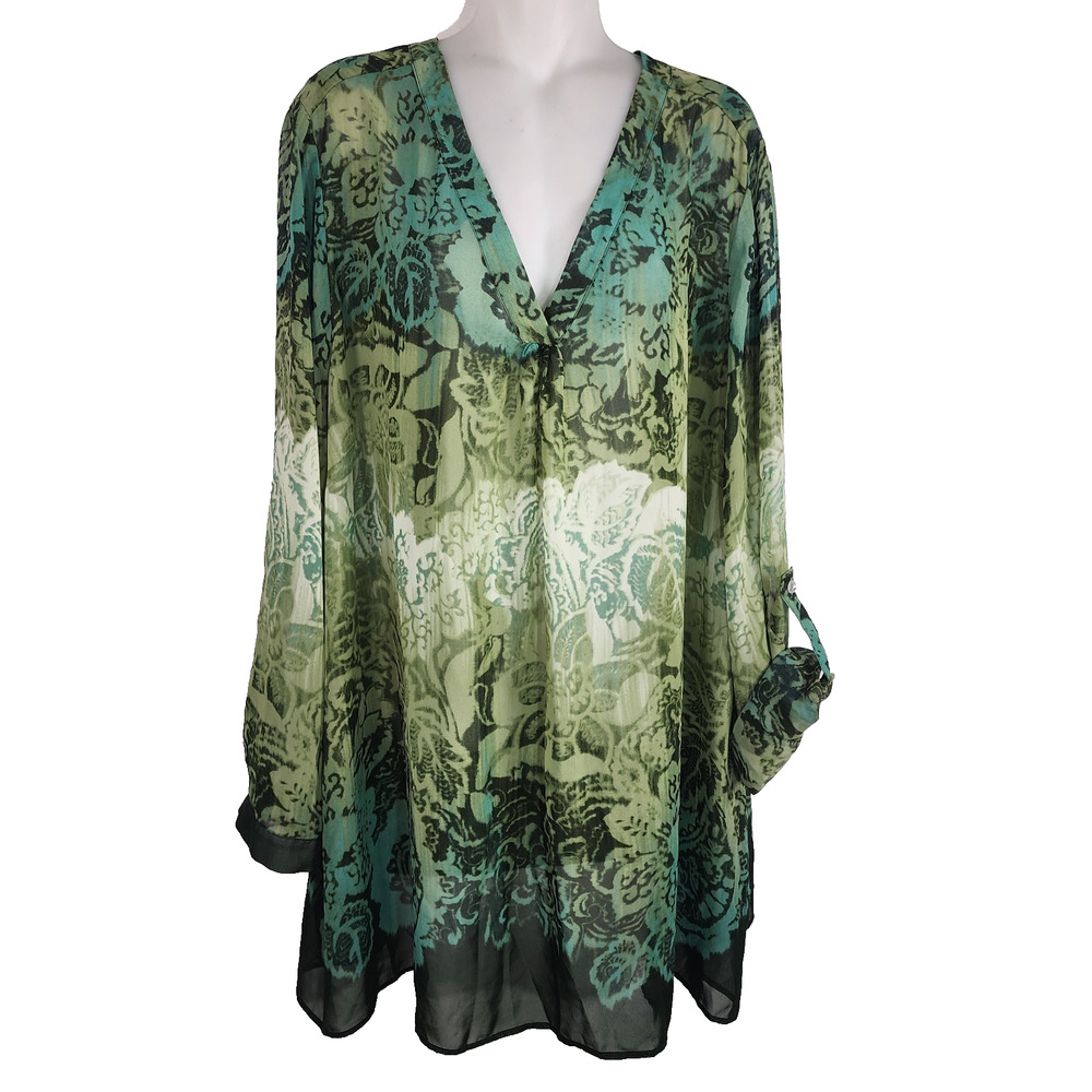 Susan Graver Women Printed Sheer Chiffon Tunic Roll Tab Sleeve 26W Green A266799